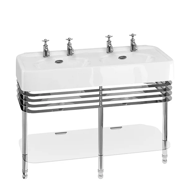 Arcade Bathroom Arcade 1200mm Double Basin And Stand With Glass Shelf - 2 Tap Hole Per Basin 3 Arcade Bathroom Arcade 1200mm Double Basin And Stand With Glass Shelf - 2 Tap Hole Per Basin