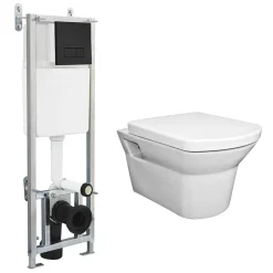Arezzo Matt Black Dual Flush Concealed WC Cistern With Wall Hung Frame + Modern Toilet