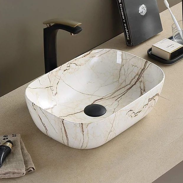 Arezzo 455 X 325mm Curved Rectangular Counter Top Basin - Gloss Marble Effect 3 Arezzo 455 X 325mm Curved Rectangular Counter Top Basin - Gloss Marble Effect