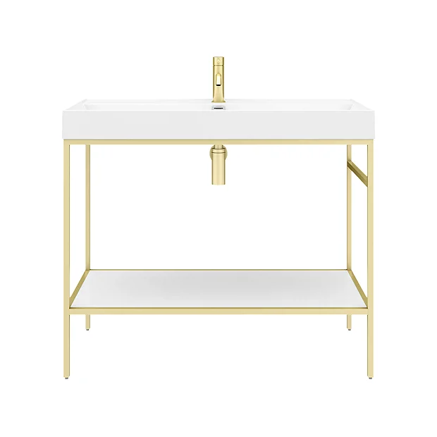 Arezzo 1000 Brushed Brass Framed Washstand With Gloss White Open Shelf And Basin 7 Arezzo 1000 Brushed Brass Framed Washstand With Gloss White Open Shelf And Basin - Image 5