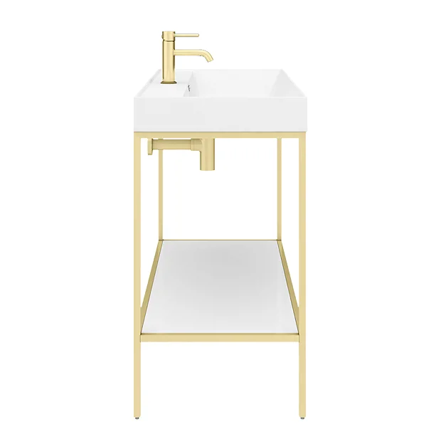 Arezzo 1000 Brushed Brass Framed Washstand With Gloss White Open Shelf And Basin 3 Arezzo 1000 Brushed Brass Framed Washstand With Gloss White Open Shelf And Basin