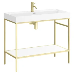 Arezzo 1000 Brushed Brass Framed Washstand With Gloss White Open Shelf And Basin 10 Arezzo 1000 Brushed Brass Framed Washstand With Gloss White Open Shelf And Basin -Croydex shop az10bbfpmd3