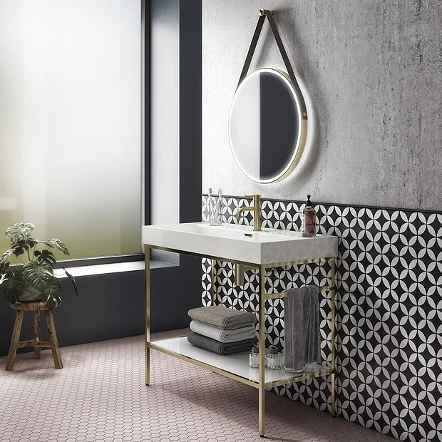 Arezzo 1000 Brushed Brass Framed Washstand With Gloss White Open Shelf And Basin 4 Arezzo 1000 Brushed Brass Framed Washstand With Gloss White Open Shelf And Basin - Image 2