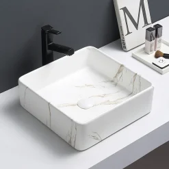Arezzo 405 X 405mm Square Counter Top Basin - Matt White Marble Effect