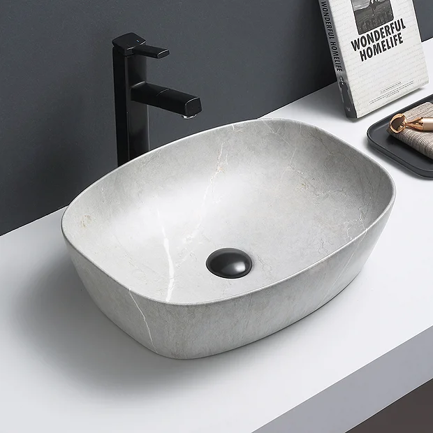 Arezzo 505 X 385mm Curved Rectangular Counter Top Basin - Light Grey Marble Effect 5 Arezzo 505 X 385mm Curved Rectangular Counter Top Basin - Light Grey Marble Effect - Image 3