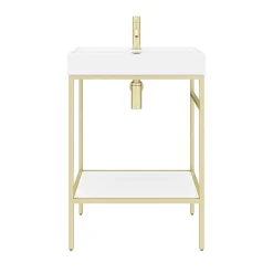 Arezzo 600 Brushed Brass Framed Washstand With Gloss White Open Shelf And Basin -Croydex shop az6bbfpm d4