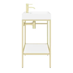 Arezzo 600 Brushed Brass Framed Washstand With Gloss White Open Shelf And Basin
