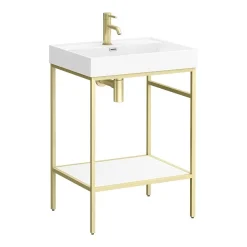 Arezzo 600 Brushed Brass Framed Washstand With Gloss White Open Shelf And Basin -Croydex shop az6bbfpm n d1