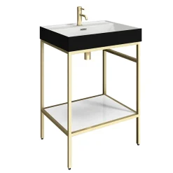 Arezzo 600 Brushed Brass Framed Washstand With Gloss White Open Shelf And Matt Black Basin -Croydex shop az6bbfpmblk d1