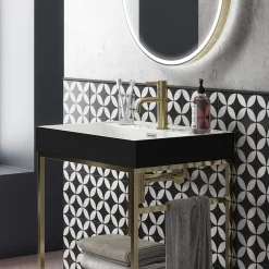 Arezzo 600 Brushed Brass Framed Washstand With Gloss White Open Shelf And Matt Black Basin