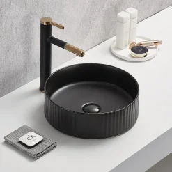 Arezzo Fluted Matt Black Round Countertop Basin - 360mm Diameter