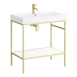 Arezzo 800 Brushed Brass Framed Washstand With Gloss White Open Shelf And Basin -Croydex shop az8bbfpm d3
