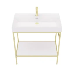 Arezzo 800 Brushed Brass Framed Washstand With Gloss White Open Shelf And Basin