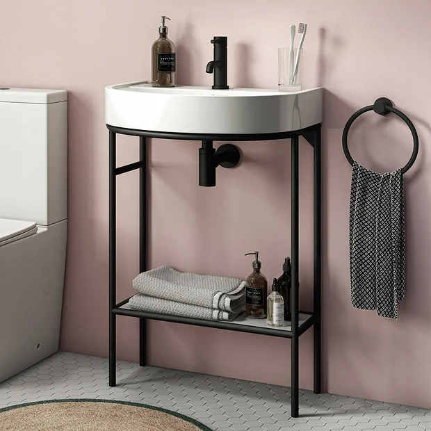 Arezzo D Shaped Curved Matt Black Washstand With Gloss White Open Shelf And Basin 4 Arezzo D Shaped Curved Matt Black Washstand With Gloss White Open Shelf And Basin - Image 2