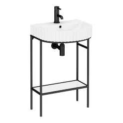 Arezzo D Shaped Matt Black Washstand With Gloss White Open Shelf And Fluted Basin -Croydex shop azb223ws d3