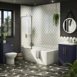 Arezzo Straight Square Shower Bath W. Brushed Brass Framed Fixed Screen