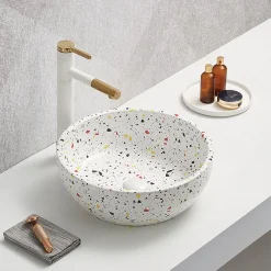 Arezzo White Terrazzo Effect Round Countertop Basin - 410mm Diameter