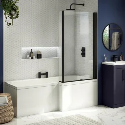 Arezzo Shower Bath - 1700mm L Shaped With Matt Black Screen + Panel