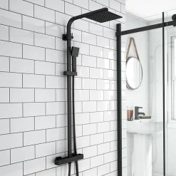 Arezzo Square Matt Black Shower Bath + Exposed Shower Pack (1700 L Shaped With Screen + Panel) -Croydex shop azl17pak d2