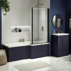 Arezzo Shower Bath - 1700mm L Shaped With Matt Black Screen + Matt Blue Panel