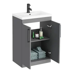 Arezzo L-Shaped Shower Bath Suite - 1700mm With Grey Vanity Unit + Wall Hung Toilet -Croydex shop azlsmbwh d3