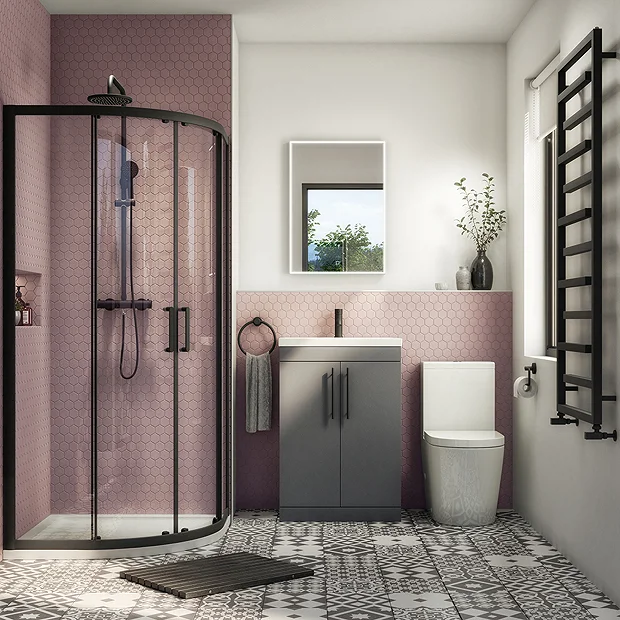 Arezzo Matt Black 900mm Quadrant Shower Suite With Matt Grey Vanity Unit + Modern Round Toilet 4 Arezzo Matt Black 900mm Quadrant Shower Suite With Matt Grey Vanity Unit + Modern Round Toilet - Image 2