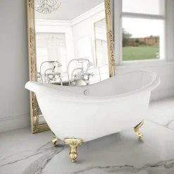 Victorian Plumbing Earl 1750 Double Ended Roll Top Slipper Bath + Brushed Brass Leg Set -Croydex shop earl1750bb lrg