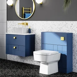 Venice Abstract Blue Complete Toilet Unit W. Pan, Cistern + Brushed Brass Flush