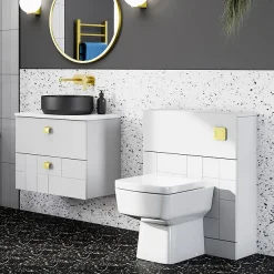 Venice Abstract White Complete Toilet Unit W. Pan, Cistern + Brushed Brass Flush
