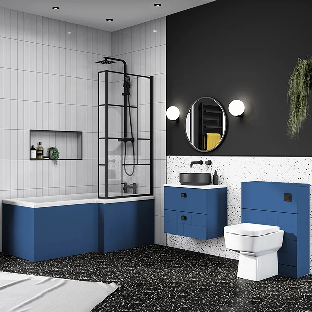 Venice Shower Bath - 1700 L Shaped W. Matt Black Abstract Grid Screen + Satin Blue Panel 3 Venice Shower Bath - 1700 L Shaped W. Matt Black Abstract Grid Screen + Satin Blue Panel