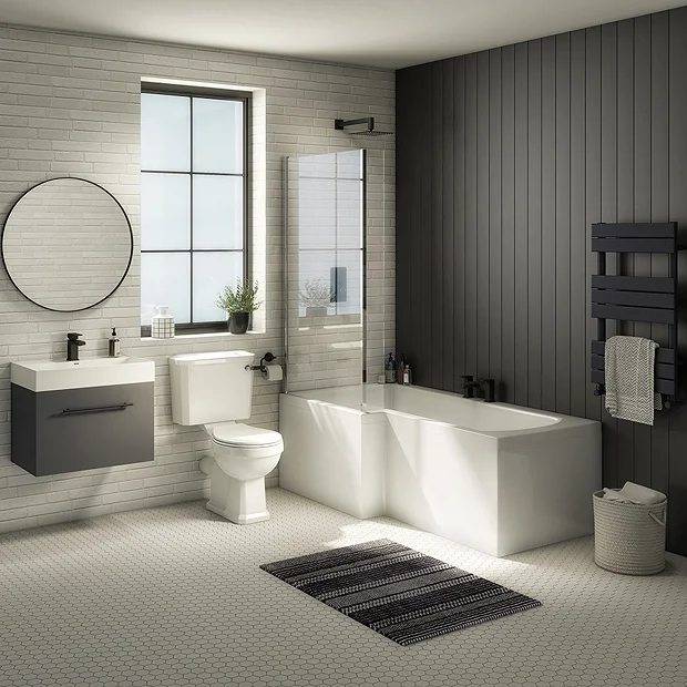 Valencia Bathroom Suite (Toilet, Grey Vanity With Black Handle, L-Shaped Bath + Screen) 4 Valencia Bathroom Suite (Toilet, Grey Vanity With Black Handle, L-Shaped Bath + Screen) - Image 2