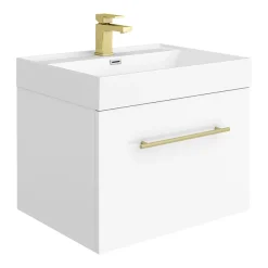 Valencia Bathroom Suite (Toilet, White Vanity With Brass Handle, L-Shaped Bath + Screen) -Croydex shop vbsgwbb6 d1