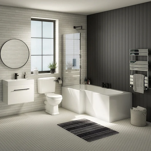 Valencia Bathroom Suite (Toilet, White Vanity With Black Handle, L-Shaped Bath + Screen) 4 Valencia Bathroom Suite (Toilet, White Vanity With Black Handle, L-Shaped Bath + Screen) - Image 2