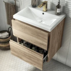 Venice Linea Rustic Oak Cloakroom Suite (Wall Hung Vanity + Toilet) -Croydex shop vl5oakv detail03