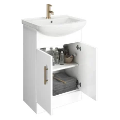 Venice 560mm Gloss White Vanity Unit With Brushed Brass Handles + Toilet Package