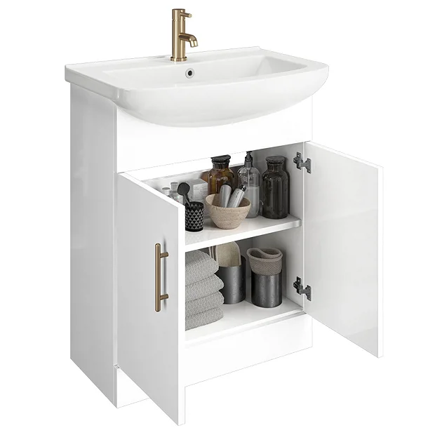 Venice 665mm Gloss White Vanity Unit With Brushed Brass Handles + Toilet Package 3 Venice 665mm Gloss White Vanity Unit With Brushed Brass Handles + Toilet Package